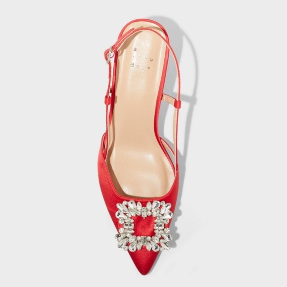 Target Annette Womens Slingback Heels A New Day Red Satin Rhinestone Size 7.5 - Picture 9 of 11